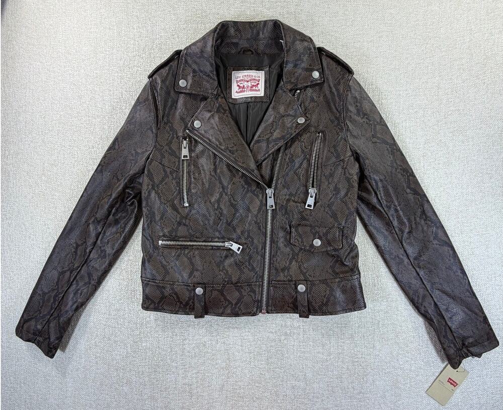 Levi's Women's Medium Brown NWT Python Print Faux Leather Moto Jacket Full Zip